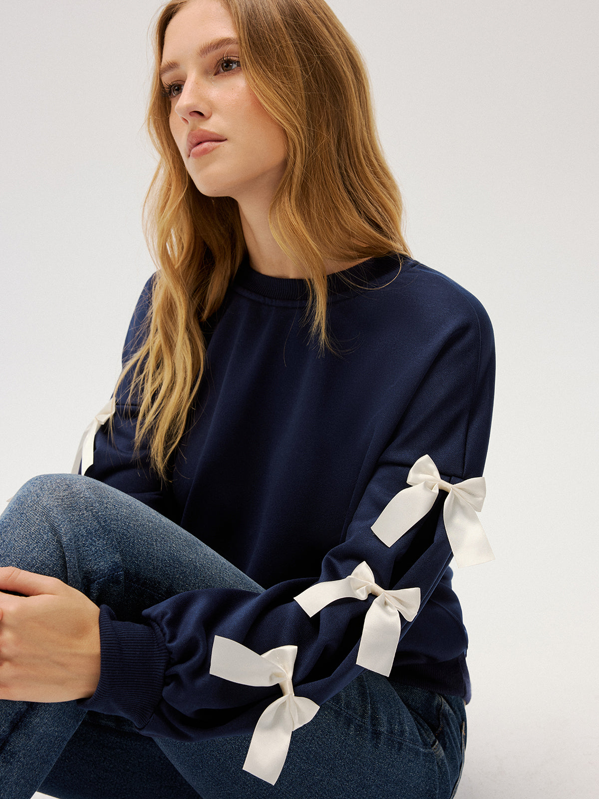 Crew Neck Bow Accent Sweatshirt