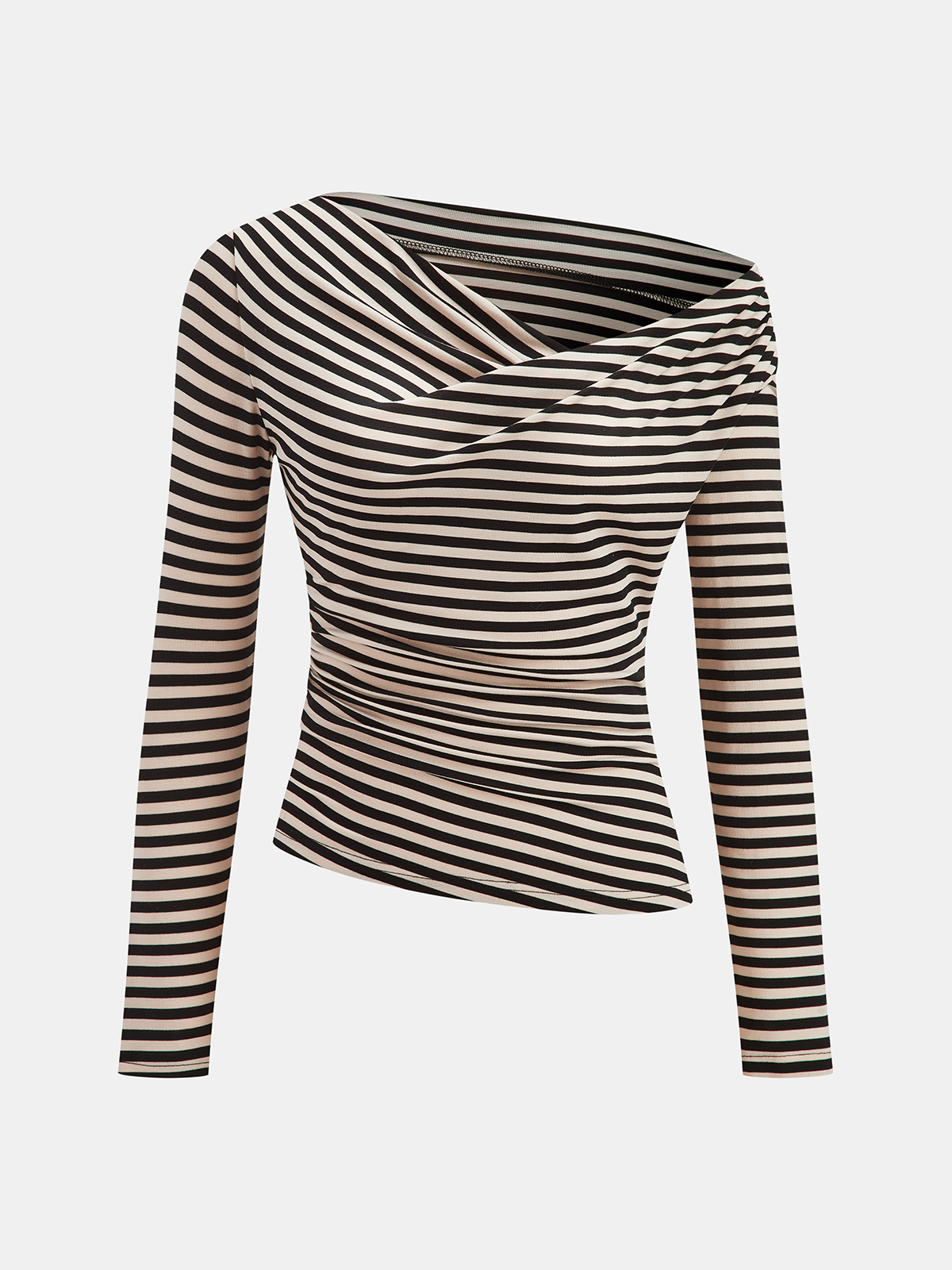Striped Cowl Neck Ruched Long Sleeve Top