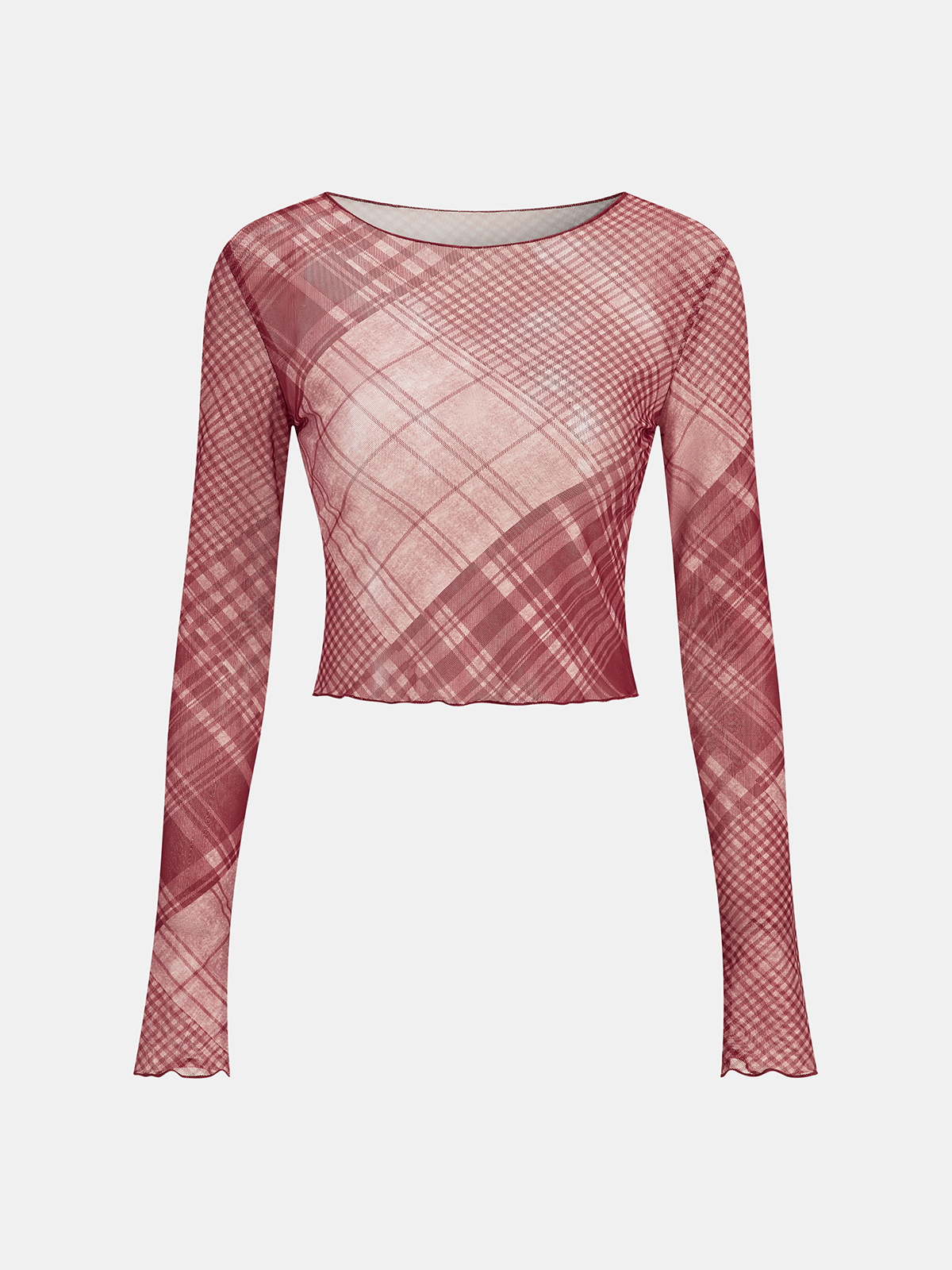 Plaid Sheer Long Sleeve Cropped Top