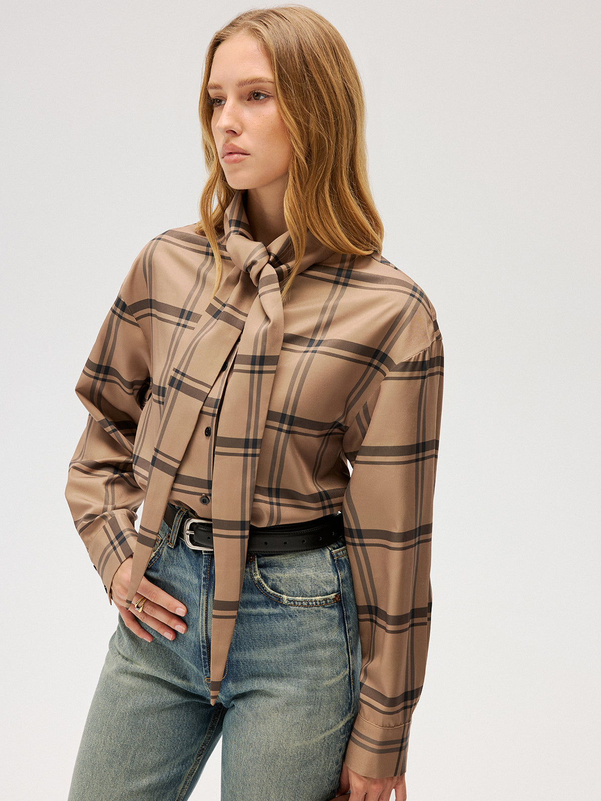 Plaid Tie Neck Shirt