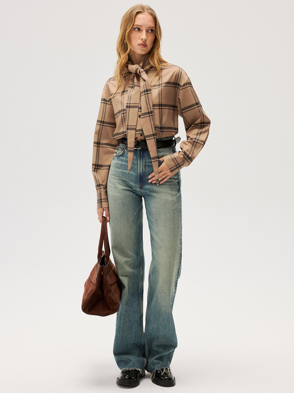 Plaid Tie Neck Shirt
