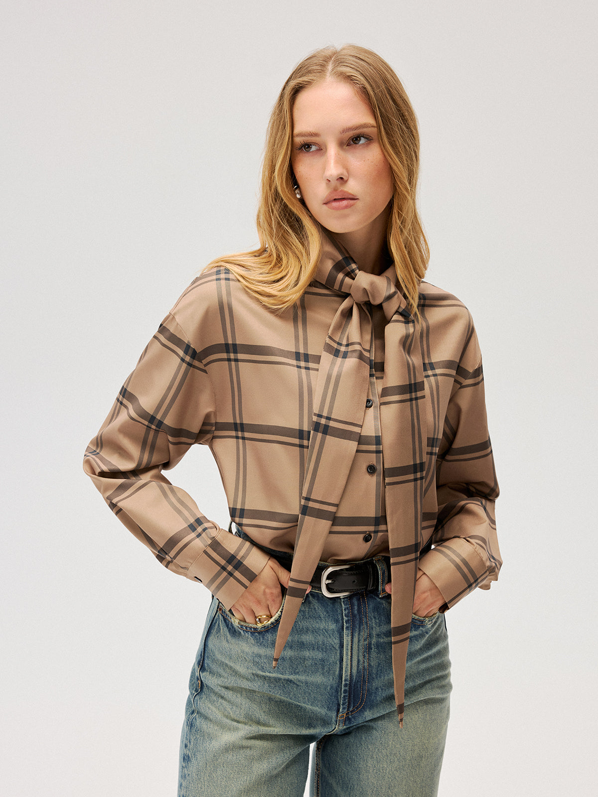 Plaid Tie Neck Shirt