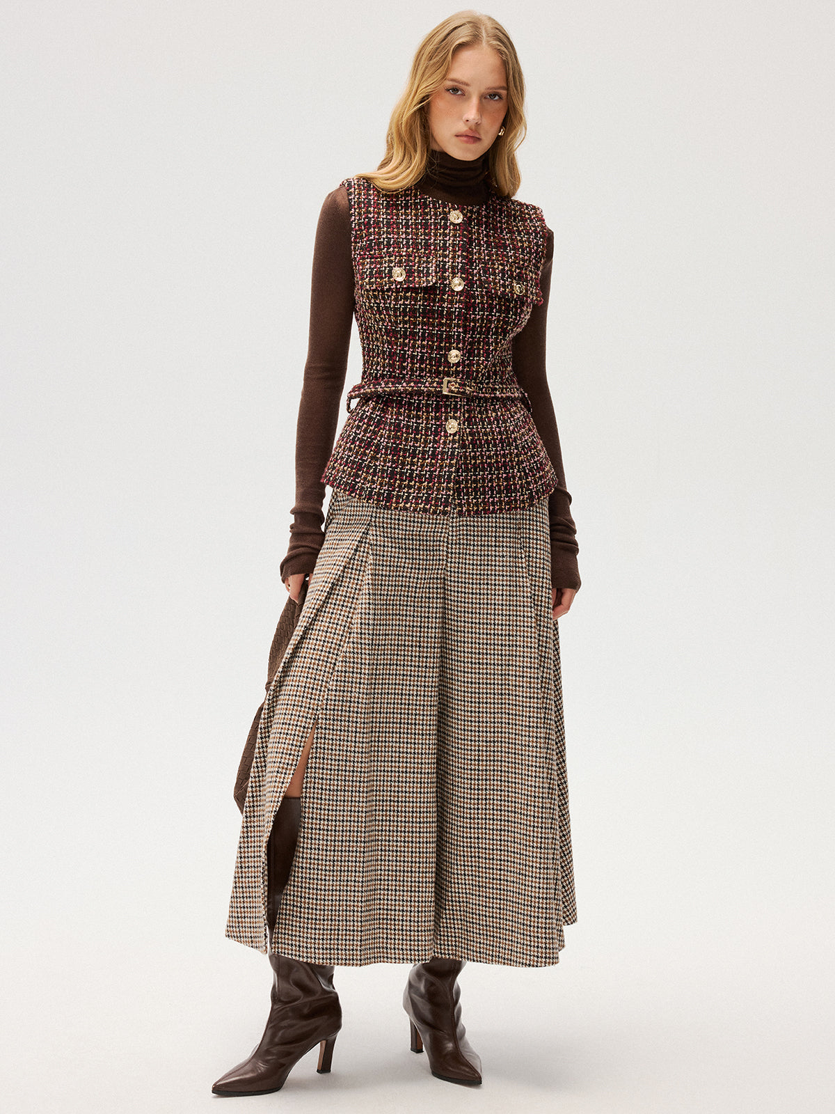 Gilet sans manches en tweed ceinturé