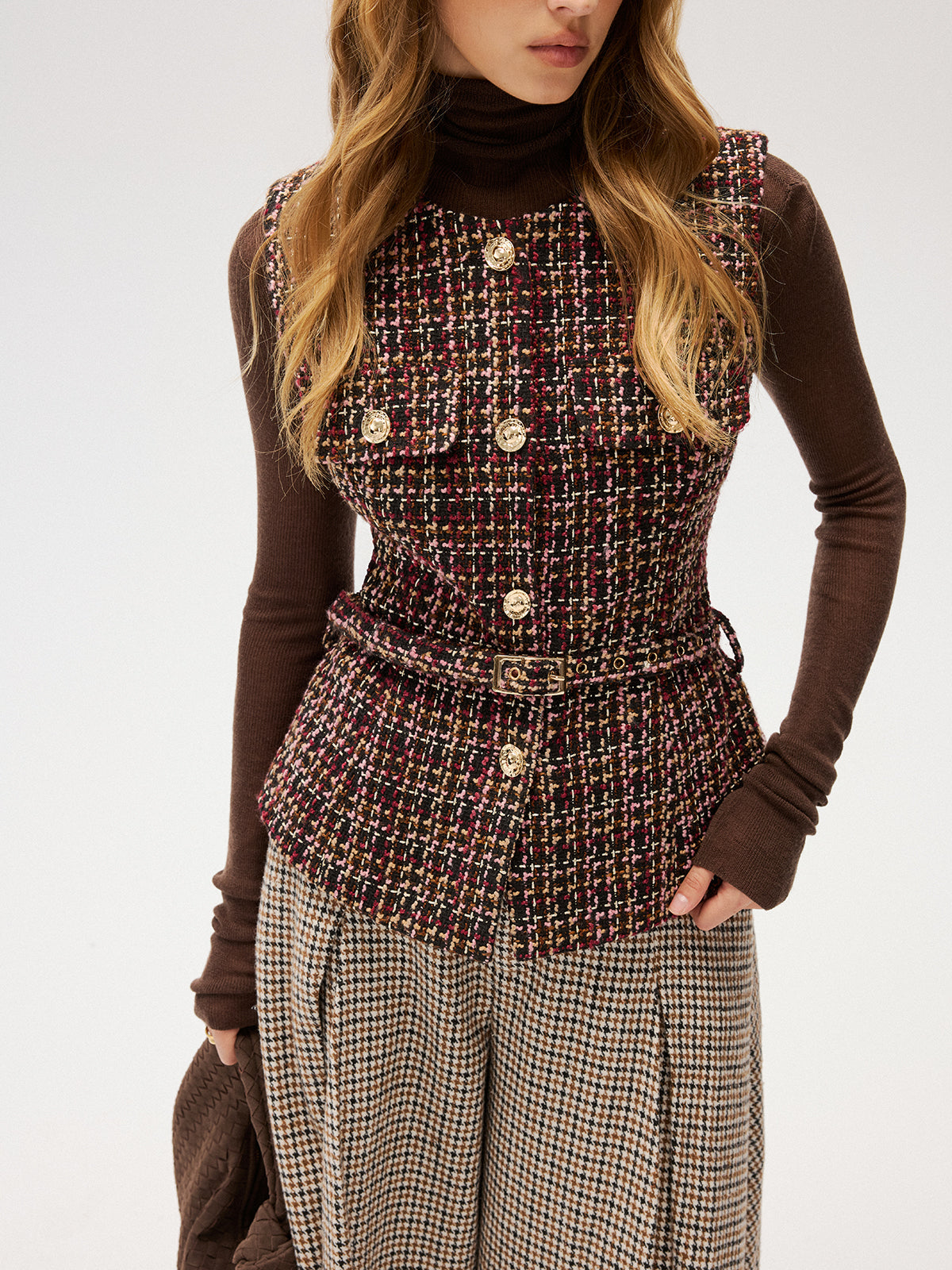 Belted Tweed Sleeveless Vest