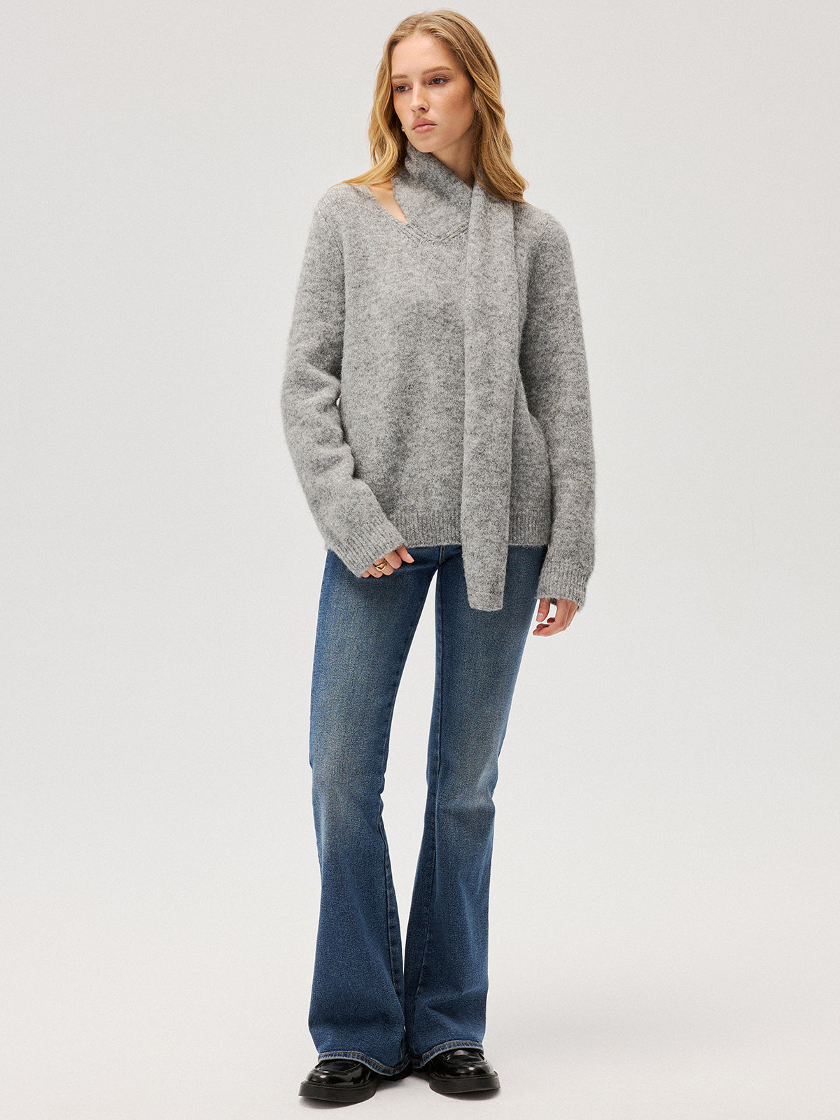 Wool-Blend Scarf-Attached Sweater