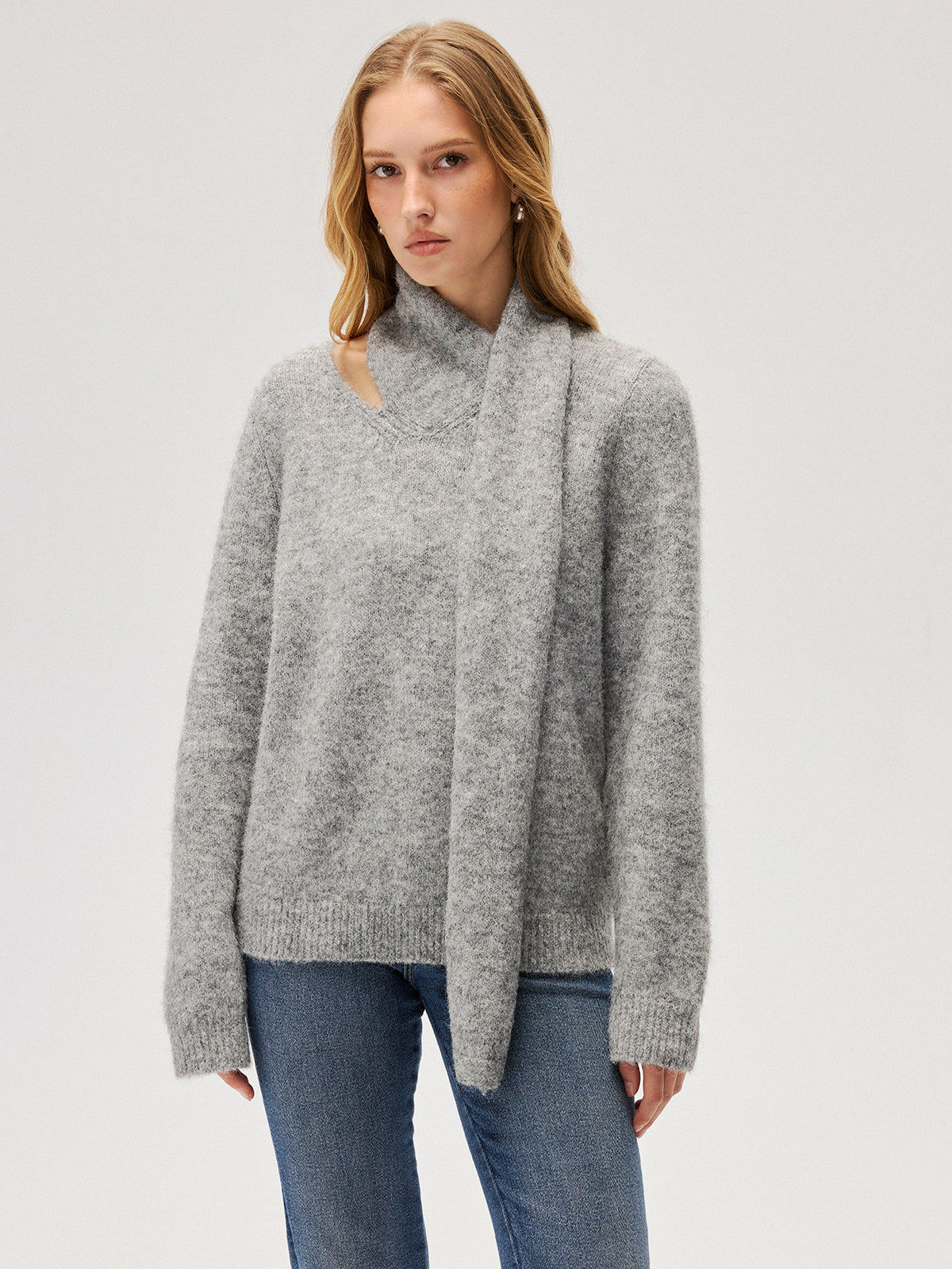 Wool-Blend Scarf-Attached Sweater