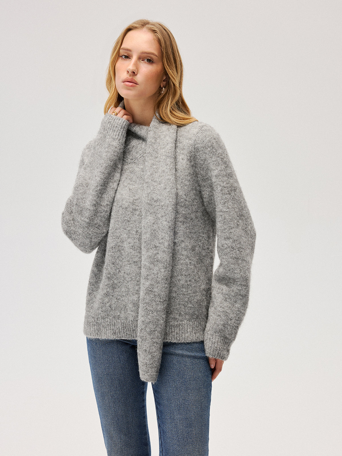 Wool-Blend Scarf-Attached Sweater