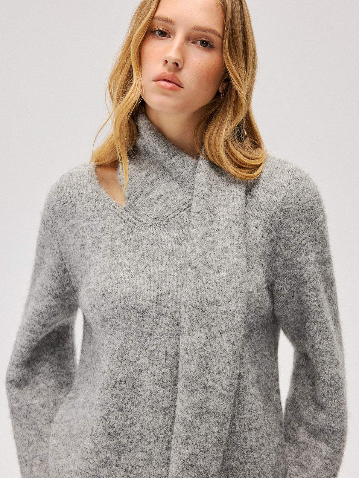 Wool-Blend Scarf-Attached Sweater