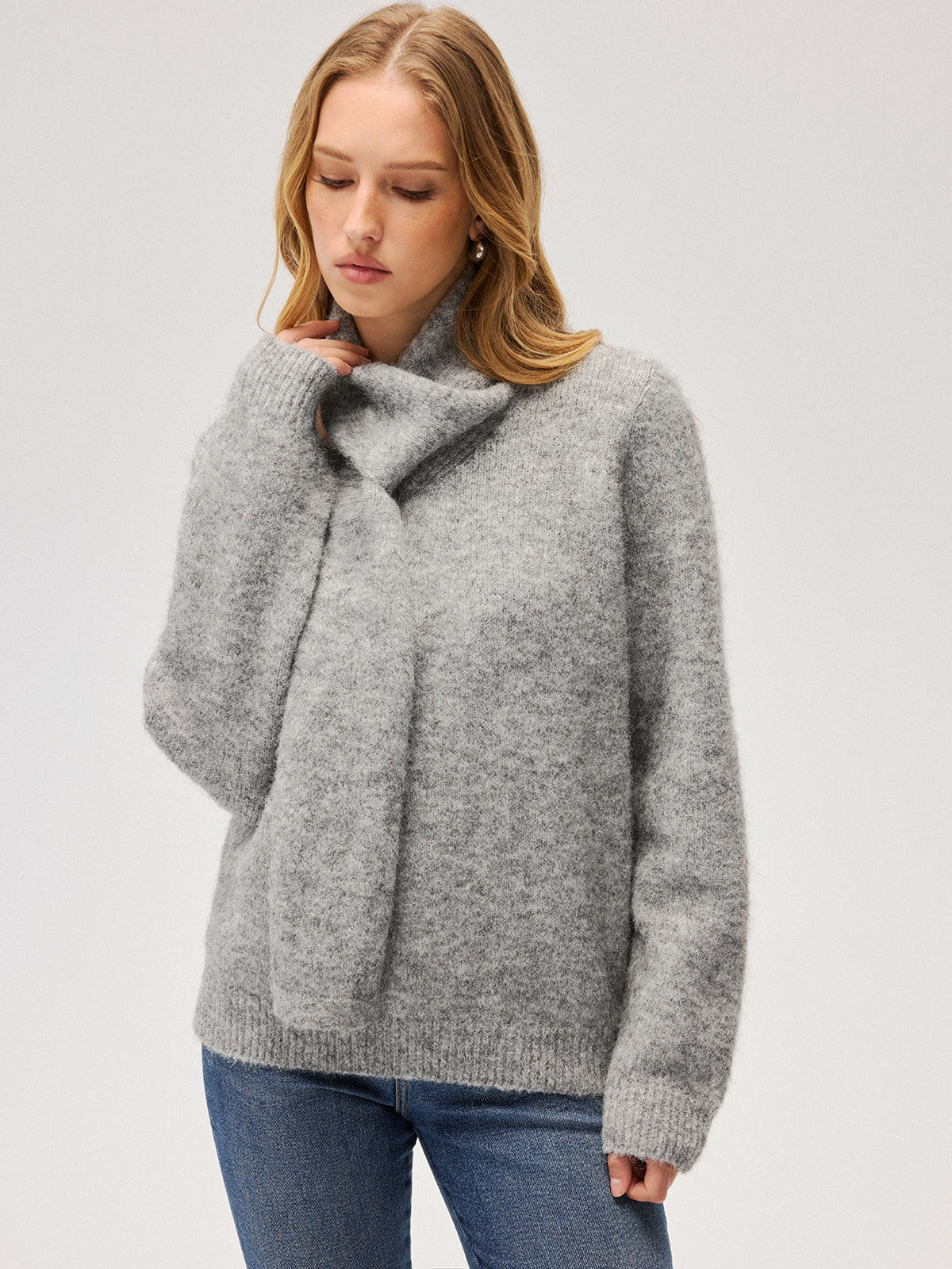 Wool-Blend Scarf-Attached Sweater