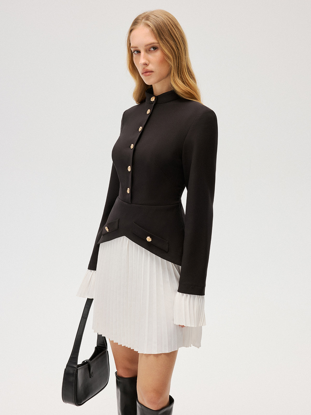 Contrast Pleated Panel Buttoned Mini Dress