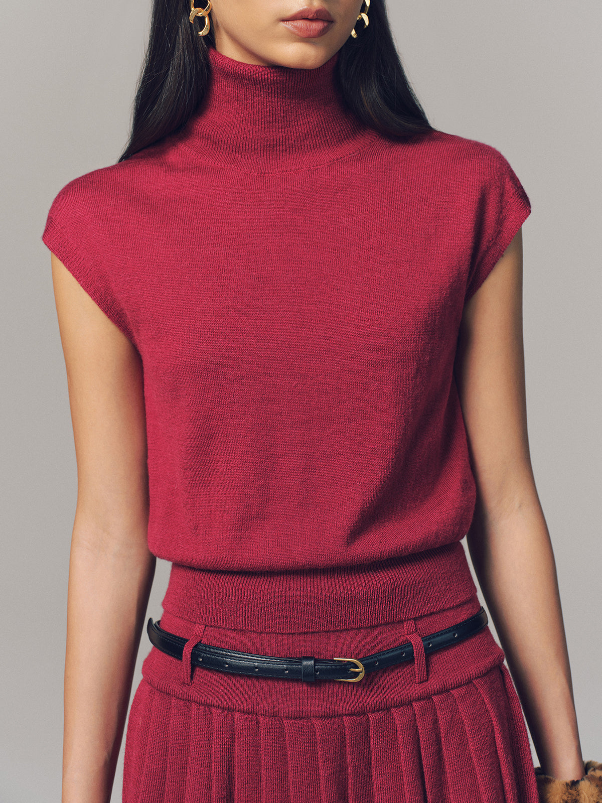 Turtleneck Top & Pleated Mini Skirt Set with Belt