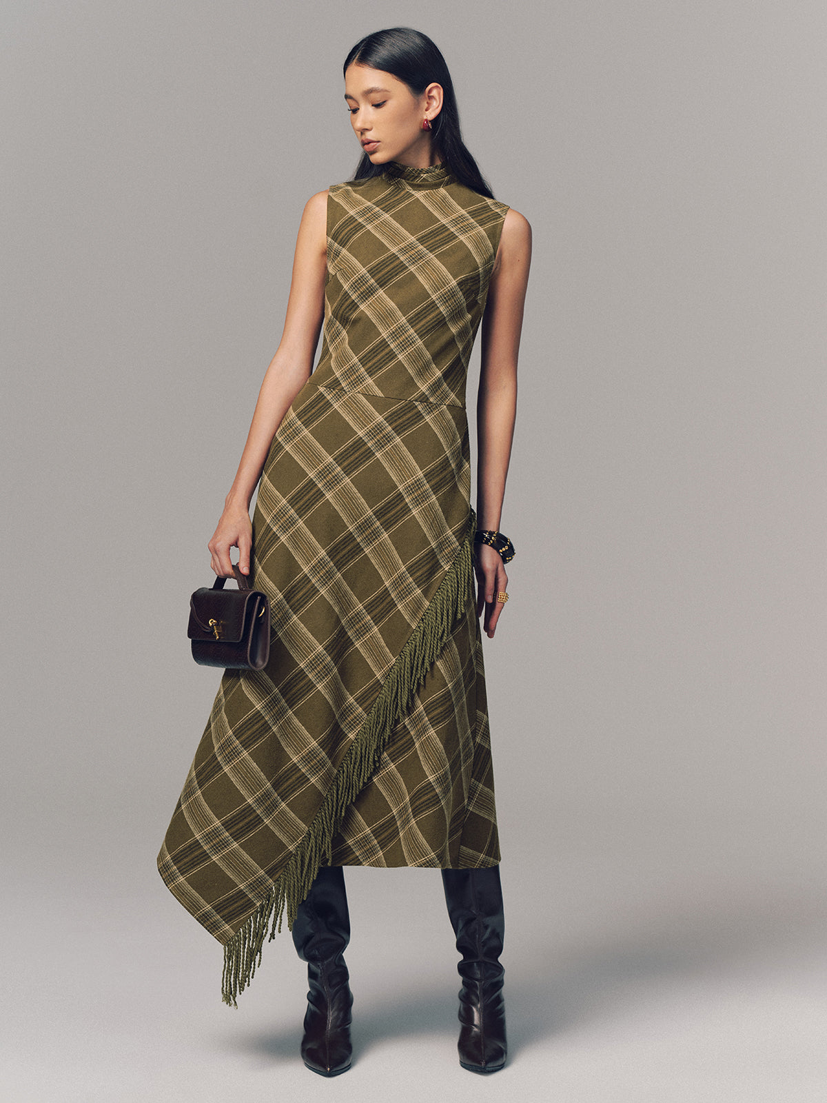 Ärmelloses Baumwoll-Maxikleid mit Karomuster und Fransen