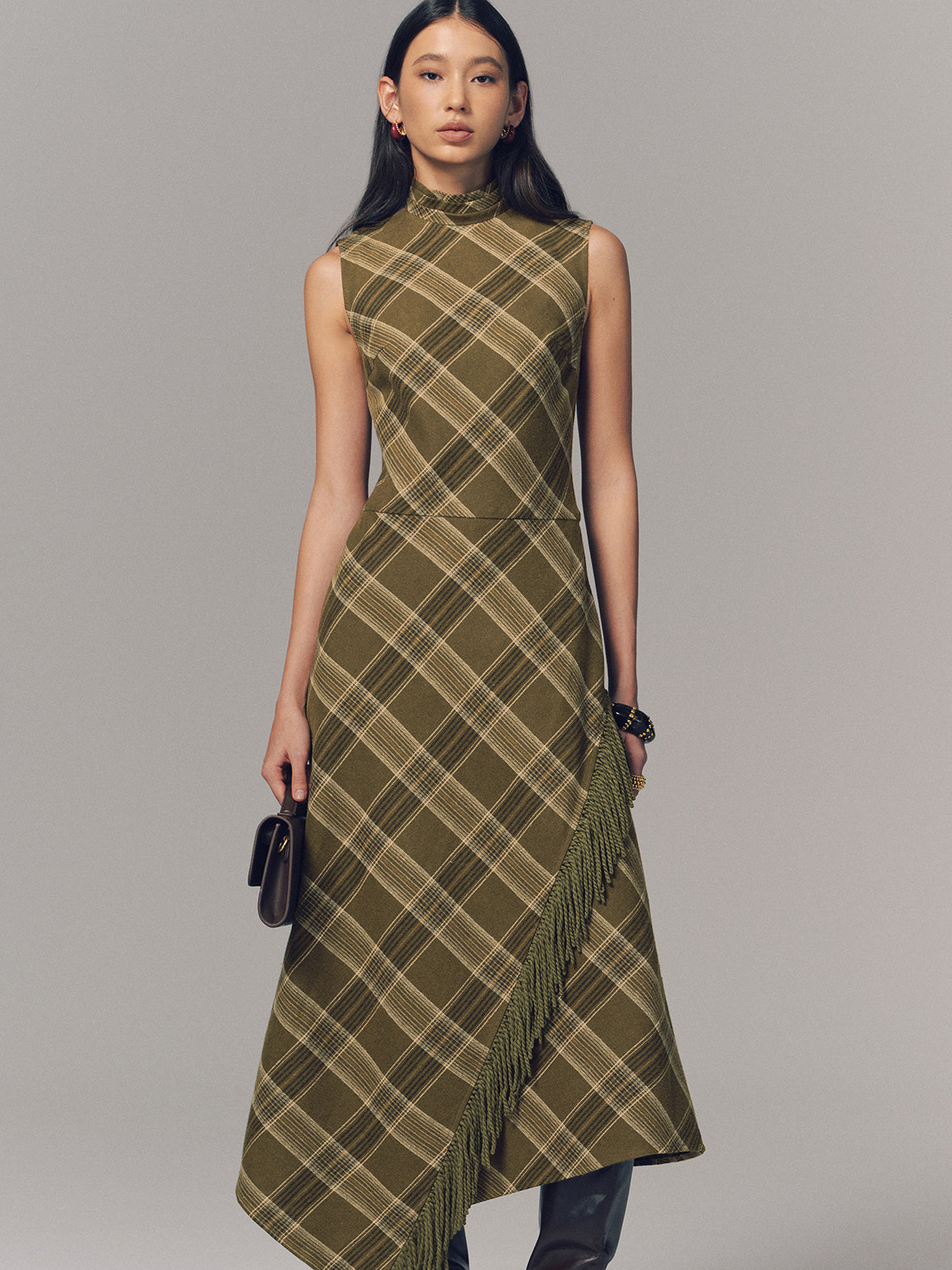 Ärmelloses Baumwoll-Maxikleid mit Karomuster und Fransen