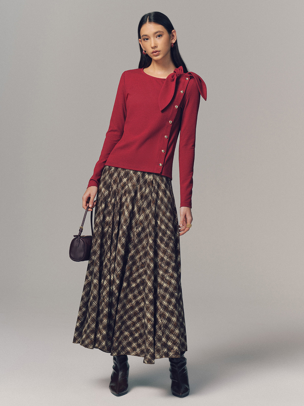 Bow Accent Asymmetric Button Detail Top
