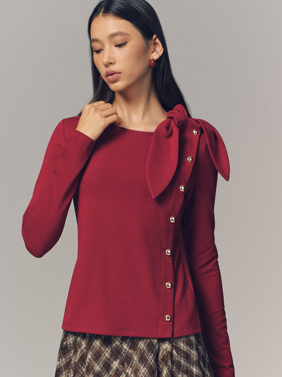 Bow Accent Asymmetric Button Detail Top