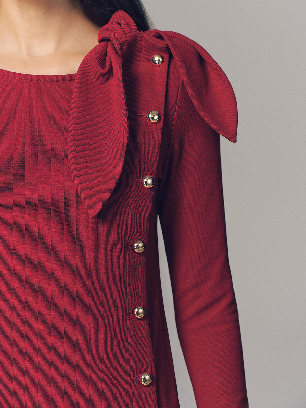 Bow Accent Asymmetric Button Detail Top