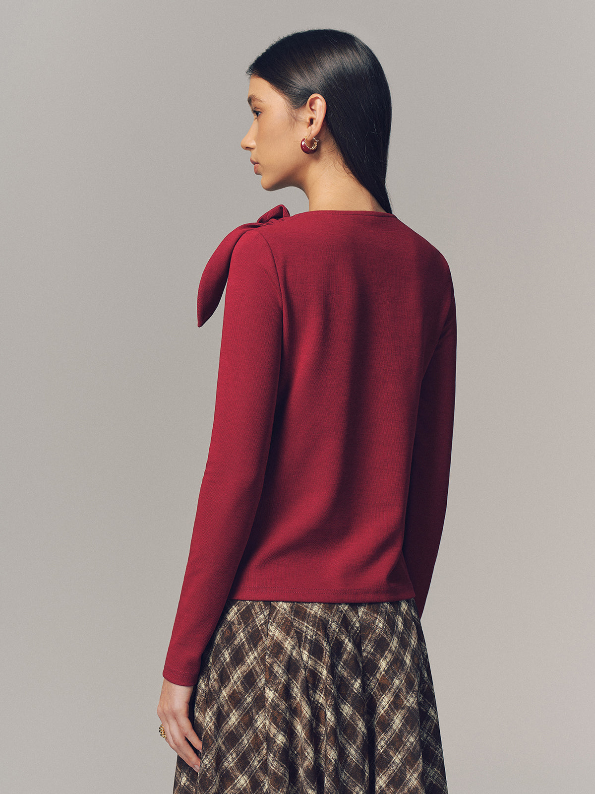 Bow Accent Asymmetric Button Detail Top