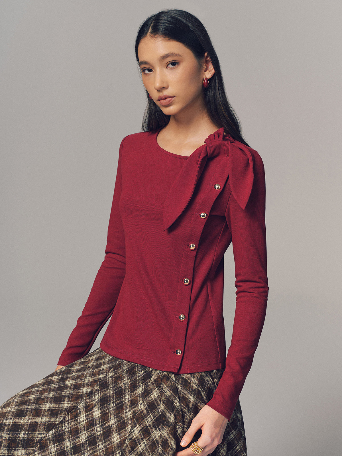 Bow Accent Asymmetric Button Detail Top