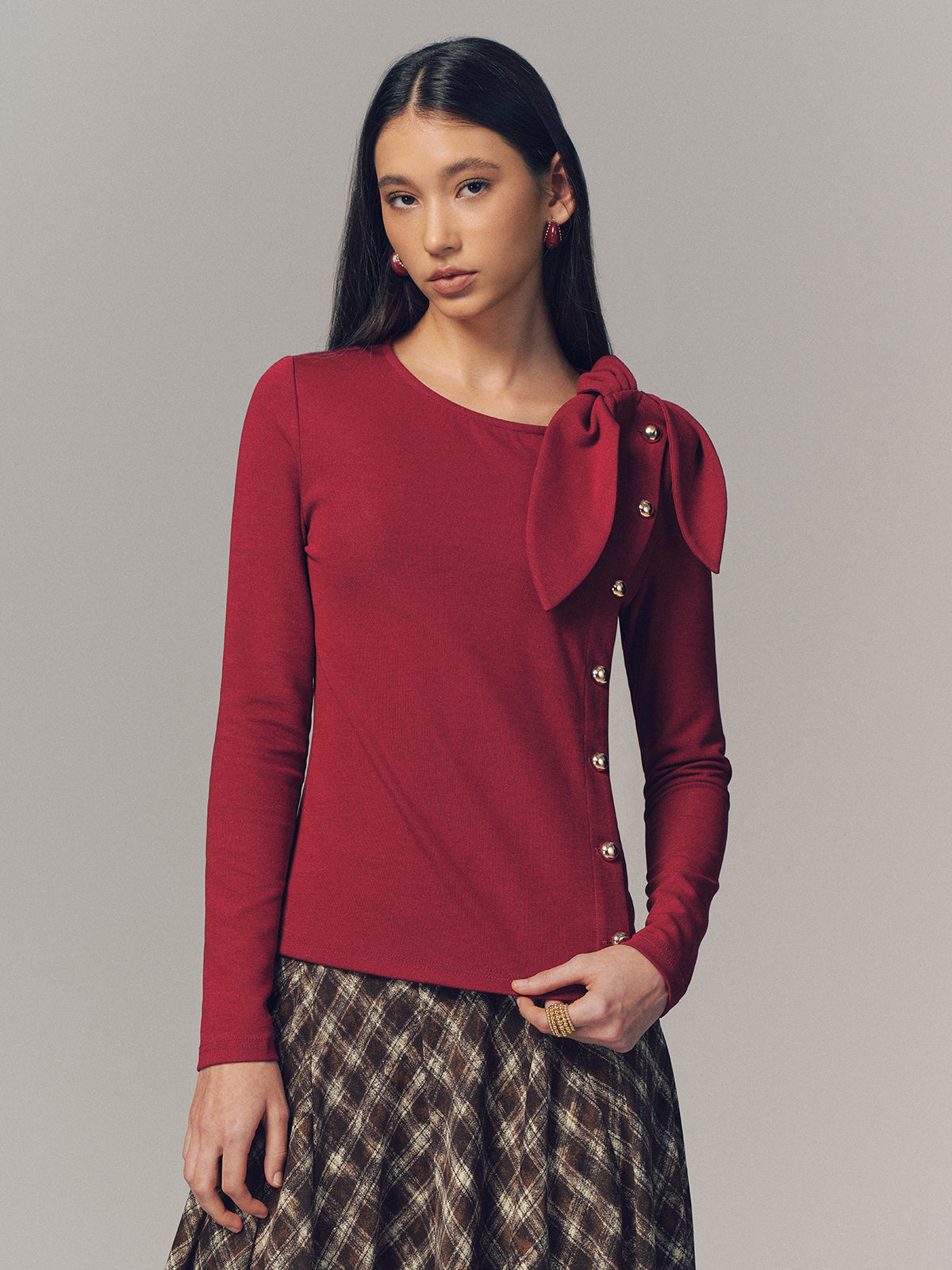 Bow Accent Asymmetric Button Detail Top