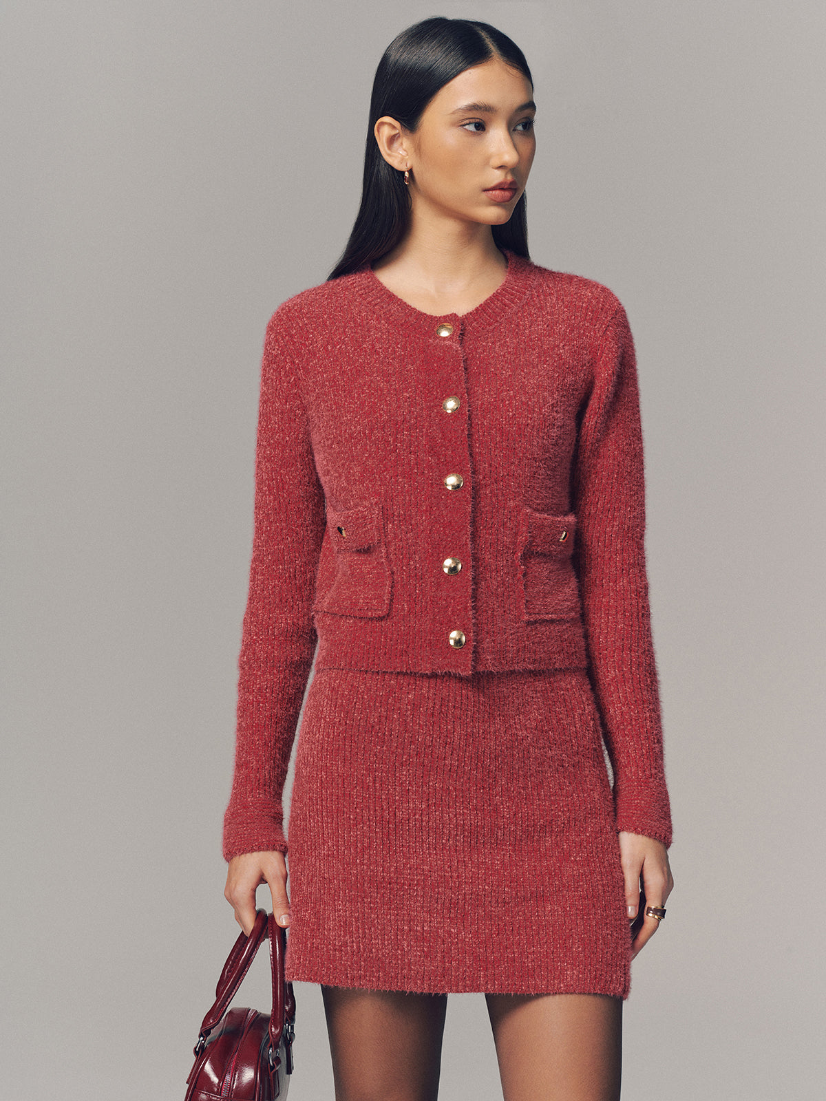 Metal Detail Cardigan & Mini Skirt Set