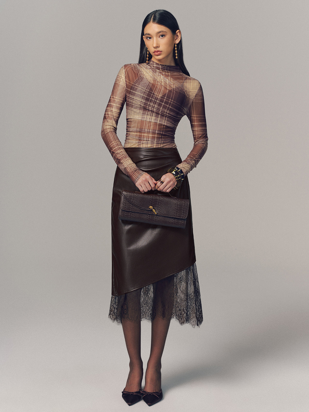 Semi-Sheer Plaid Mesh Top