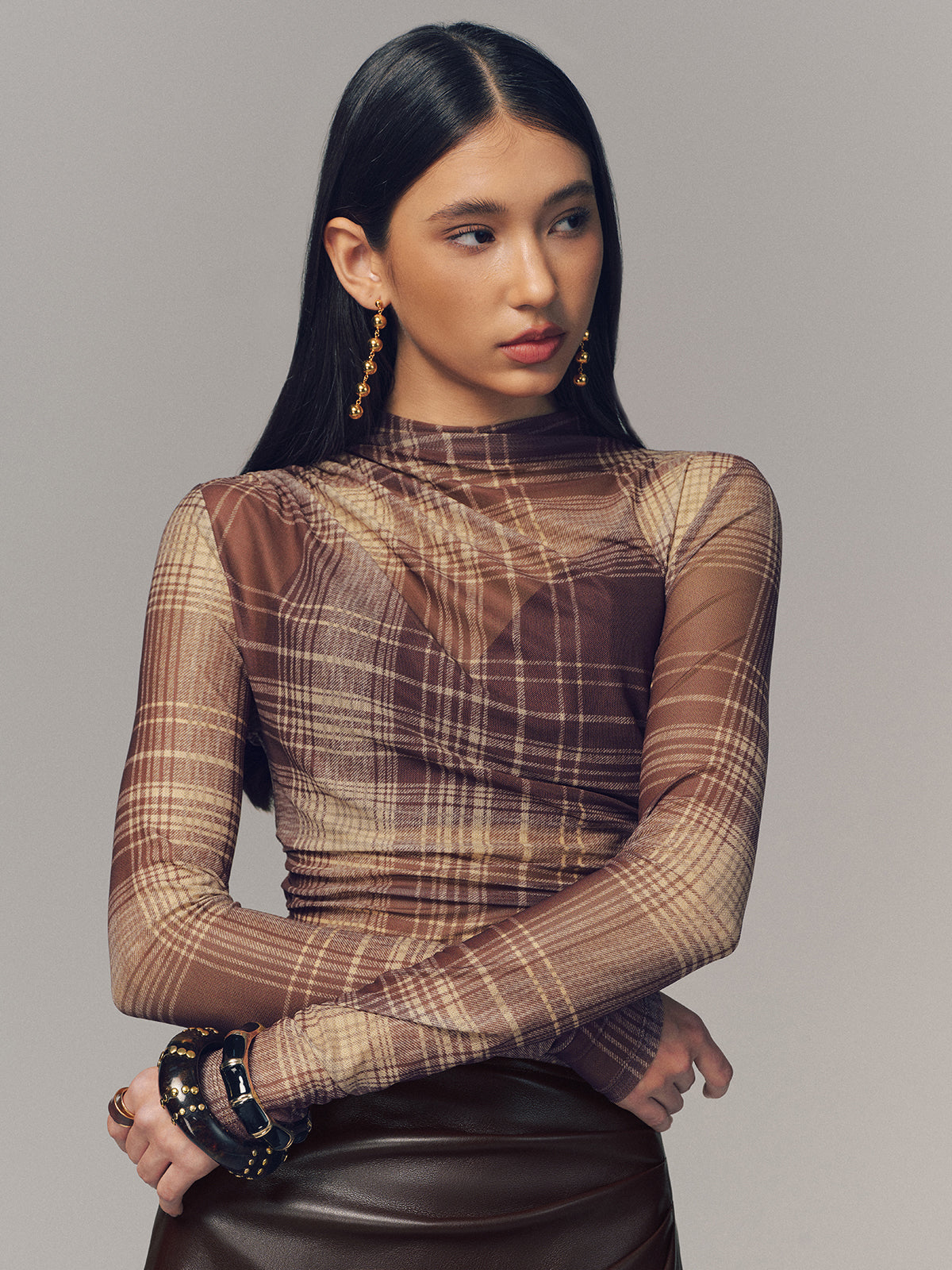 Semi-Sheer Plaid Mesh Top