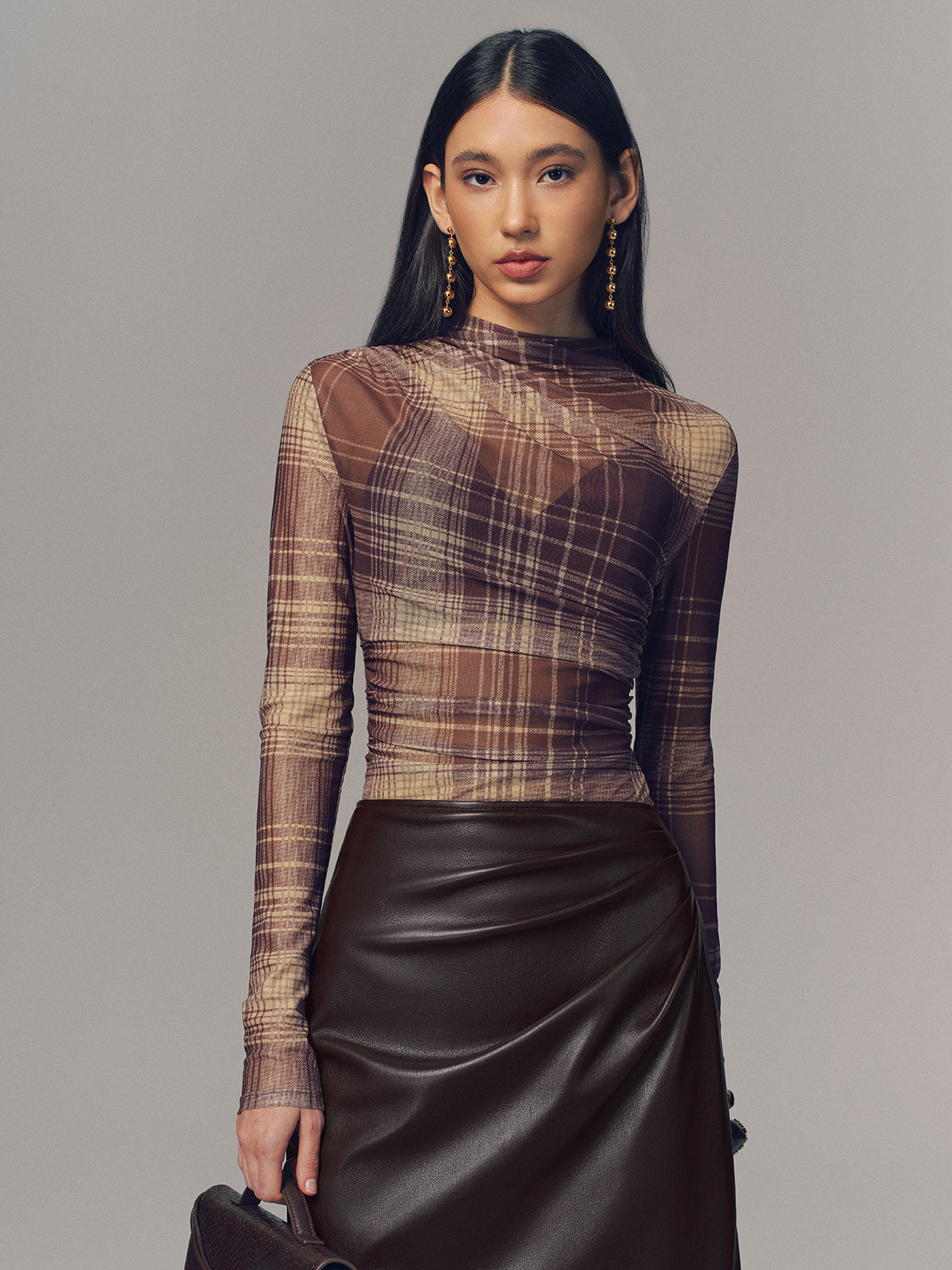 Semi-Sheer Plaid Mesh Top