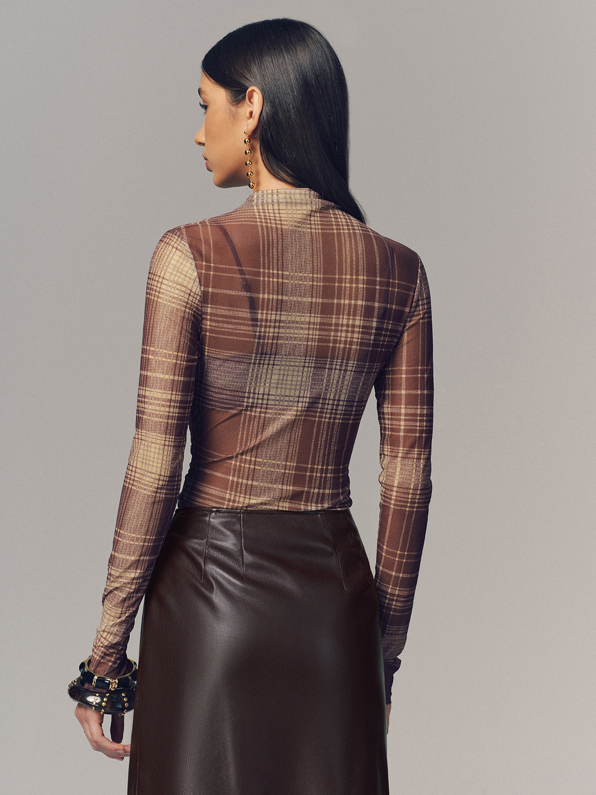 Semi-Sheer Plaid Mesh Top