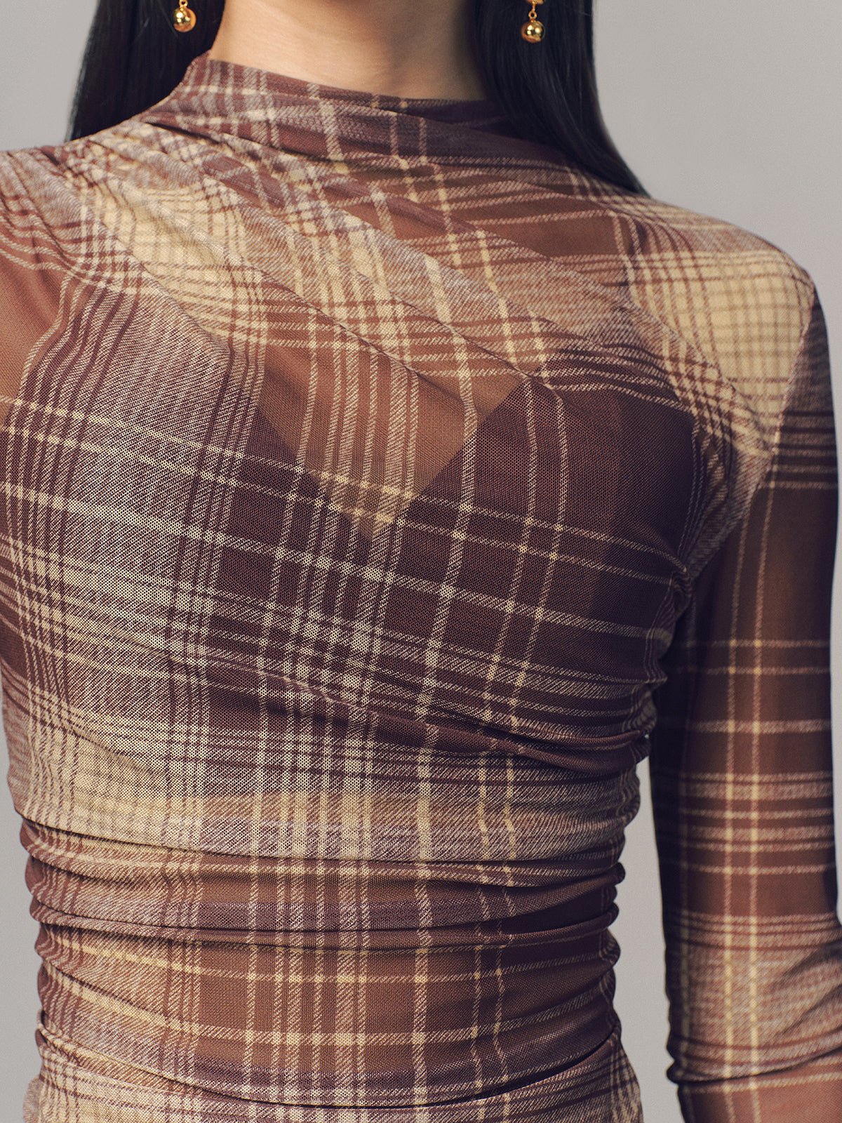 Semi-Sheer Plaid Mesh Top