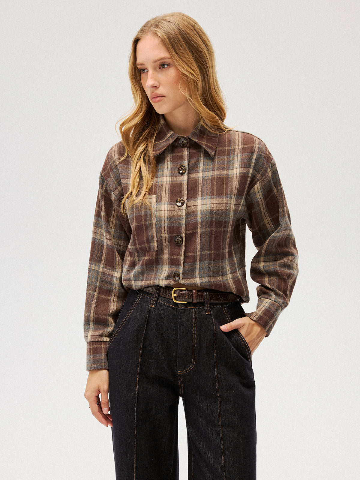 Brushed Plaid Button-Down Shirt