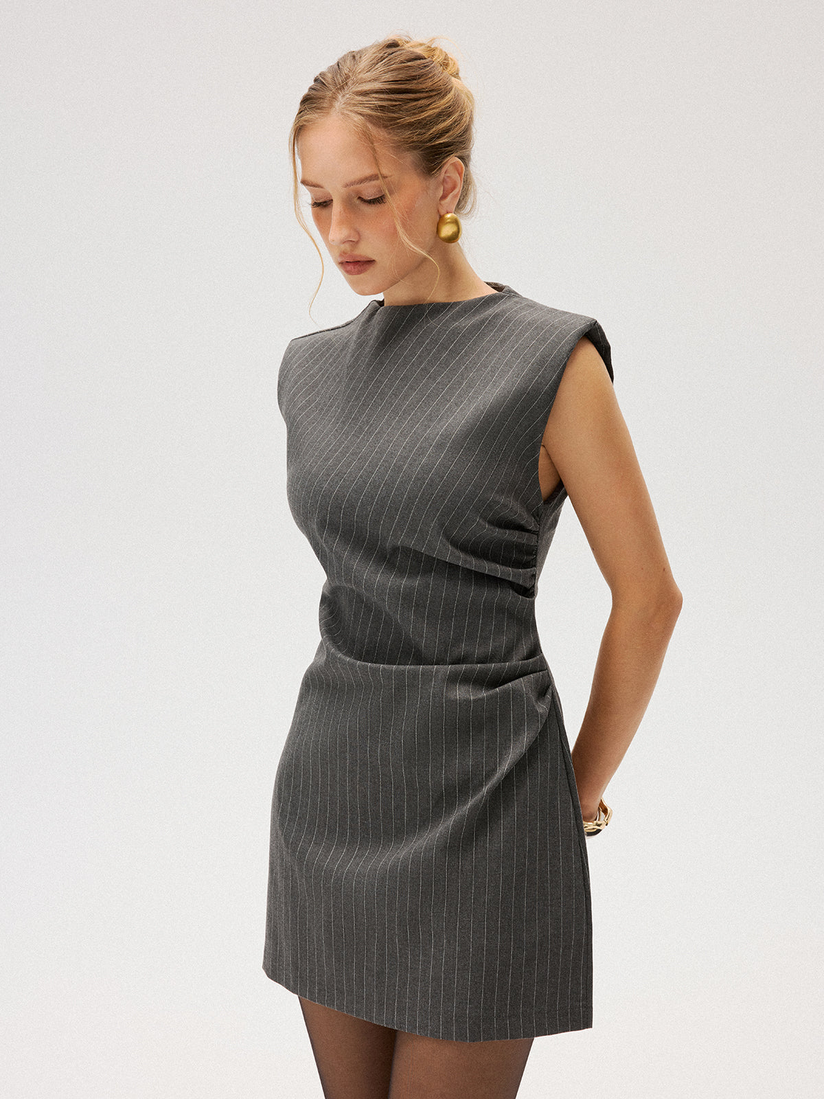 Pinstripe Sleeveless Ruched Mini Dress
