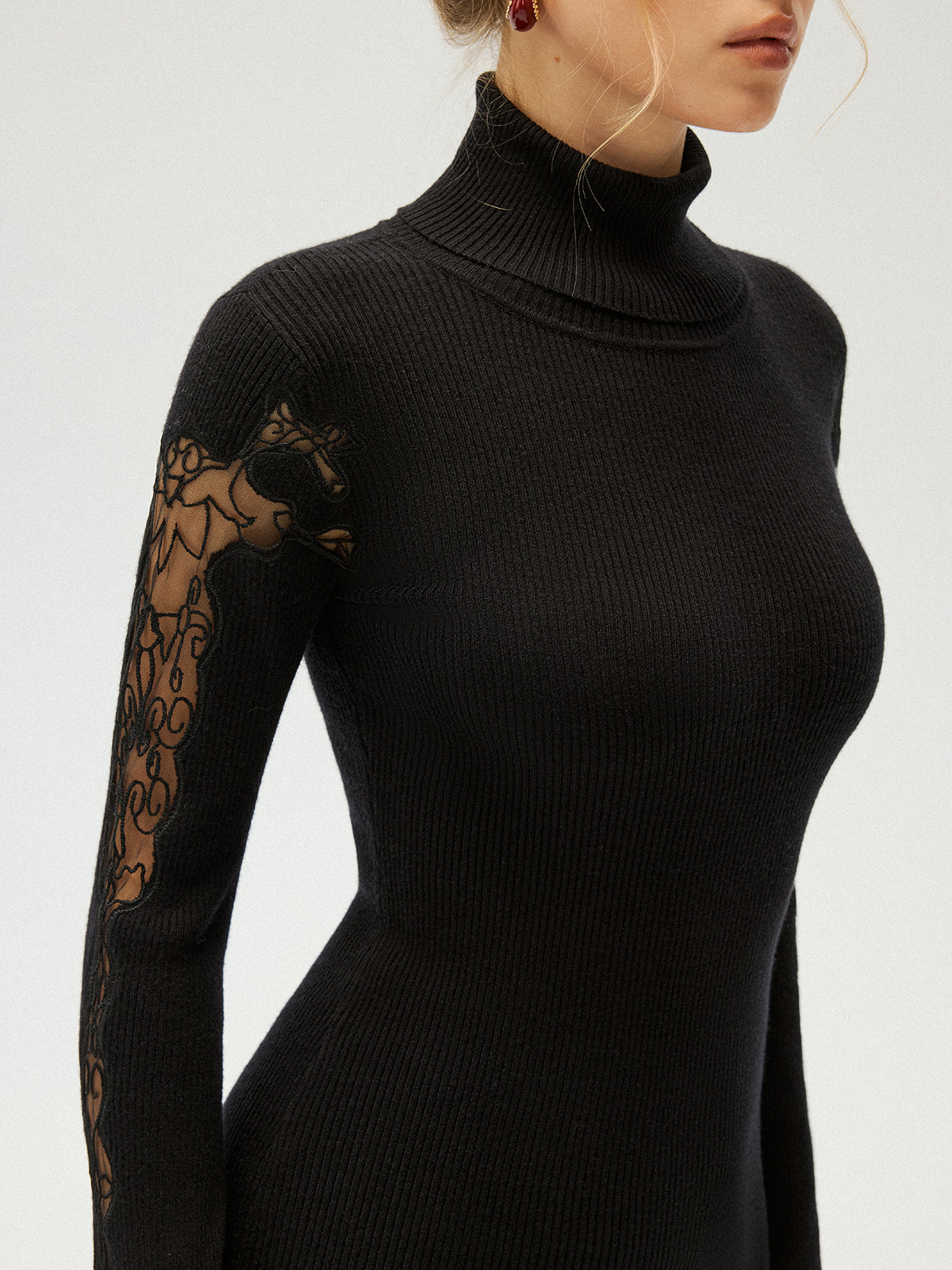 Lace Panel Turtleneck Ribbed Knit Top