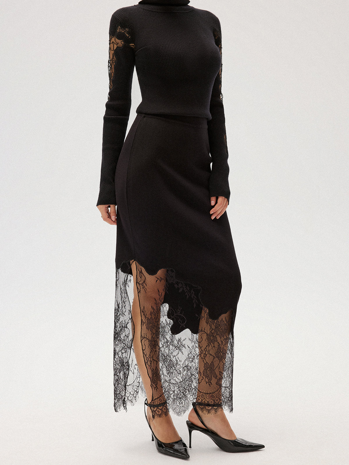 Lace Panel Asymmetric Midi Skirt