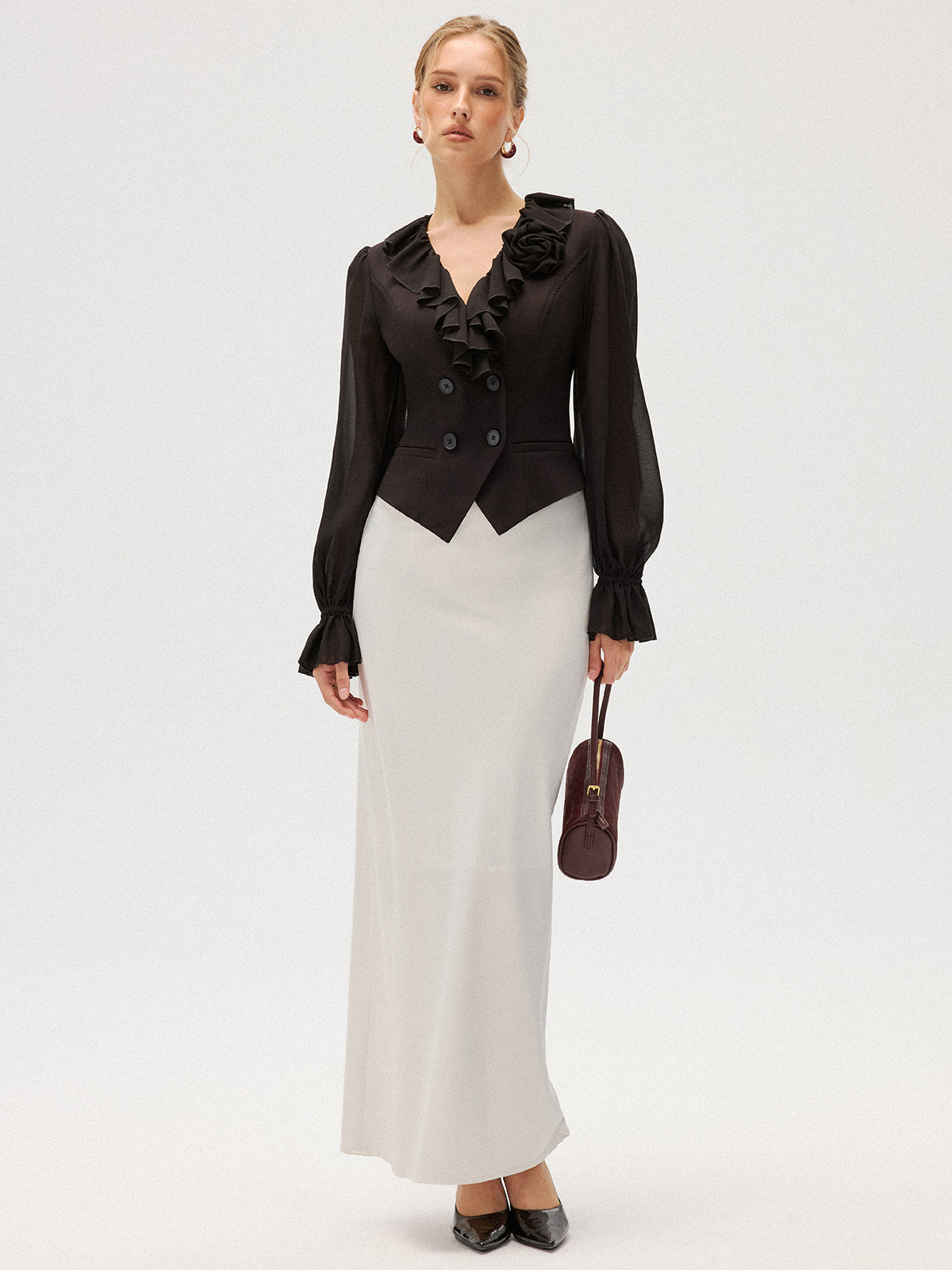 Chiffon Ruffle Rose Double-Breasted Blouse