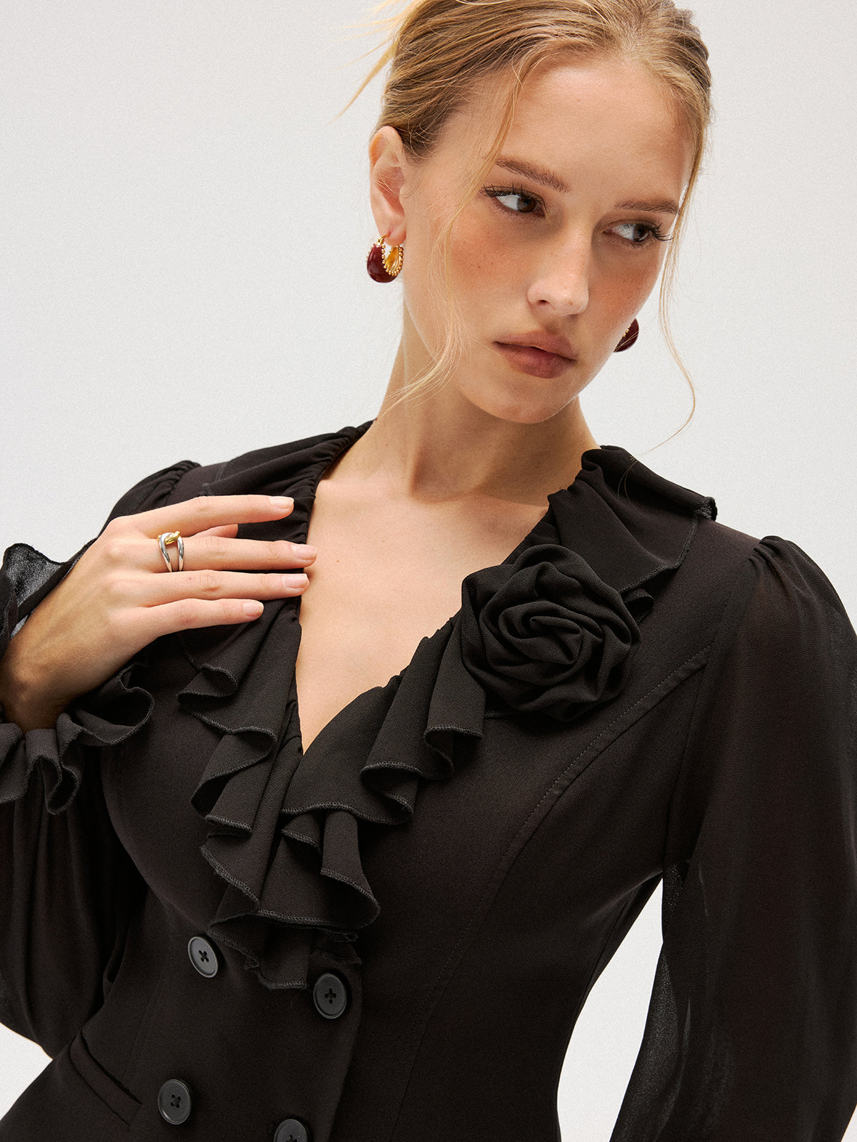 Chiffon Ruffle Rose Double-Breasted Blouse