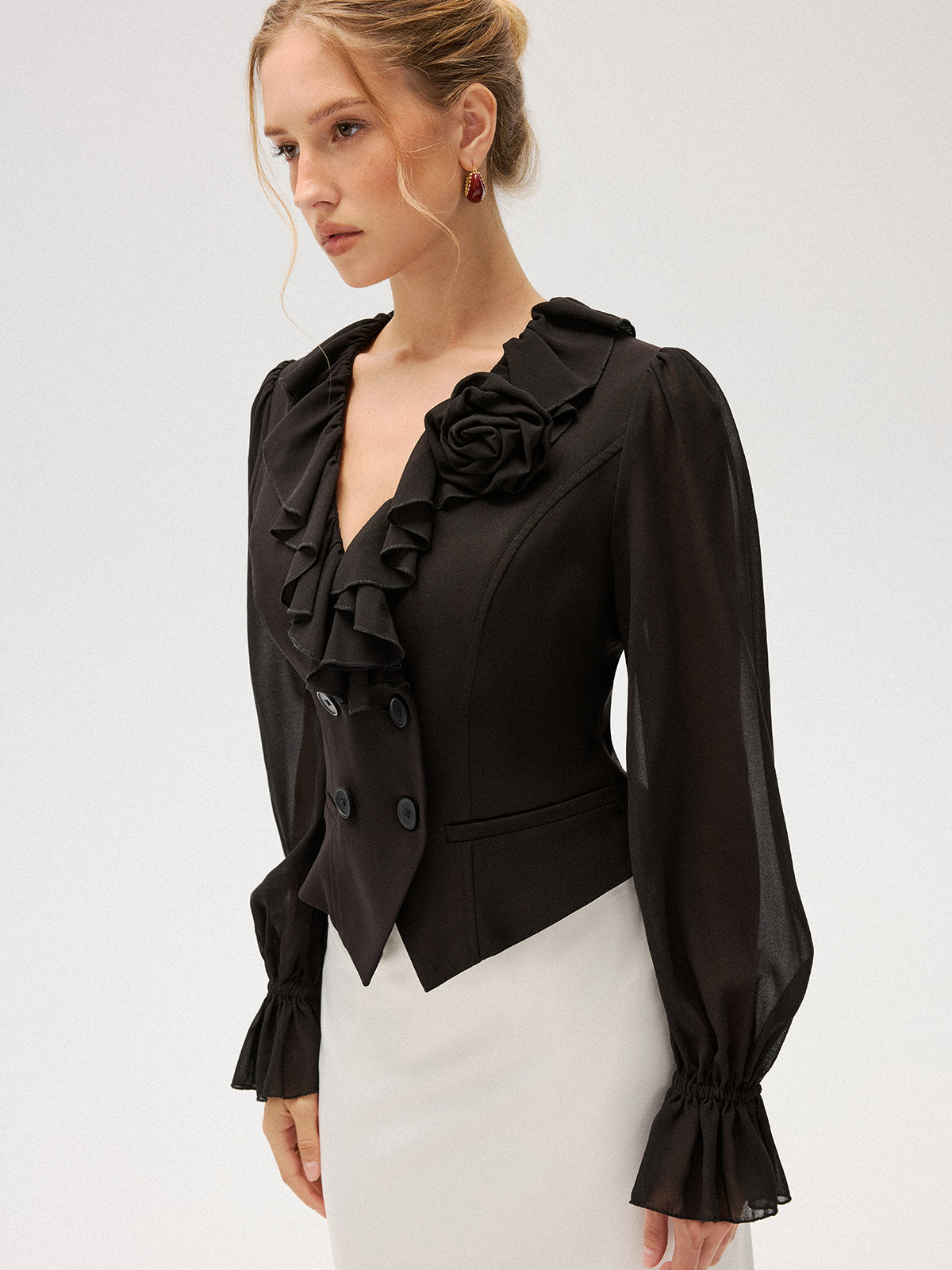 Chiffon Ruffle Rose Double-Breasted Blouse