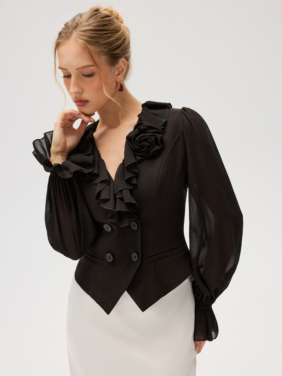 Chiffon Ruffle Rose Double-Breasted Blouse