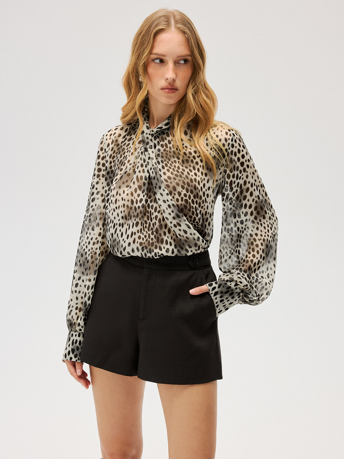 Semi-Sheer Chiffon Leopard Print Tie Neck Shirt