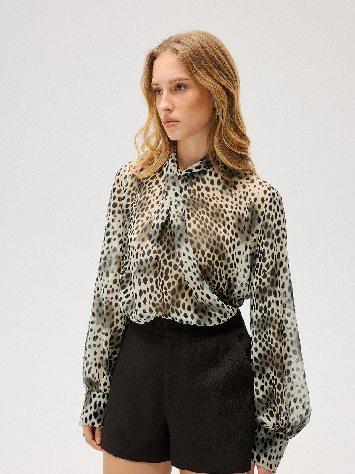 Semi-Sheer Chiffon Leopard Print Tie Neck Shirt