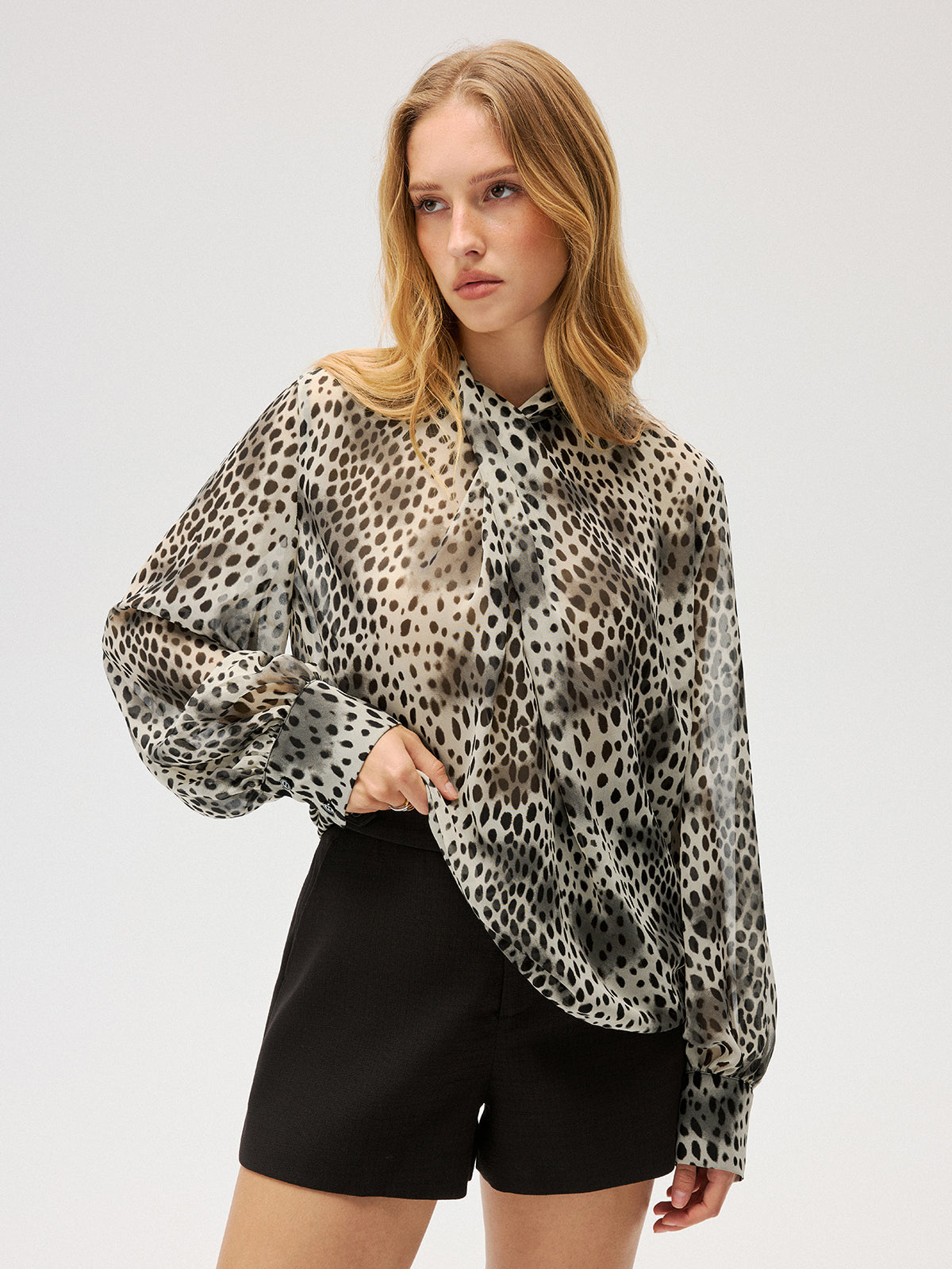 Semi-Sheer Chiffon Leopard Print Tie Neck Shirt