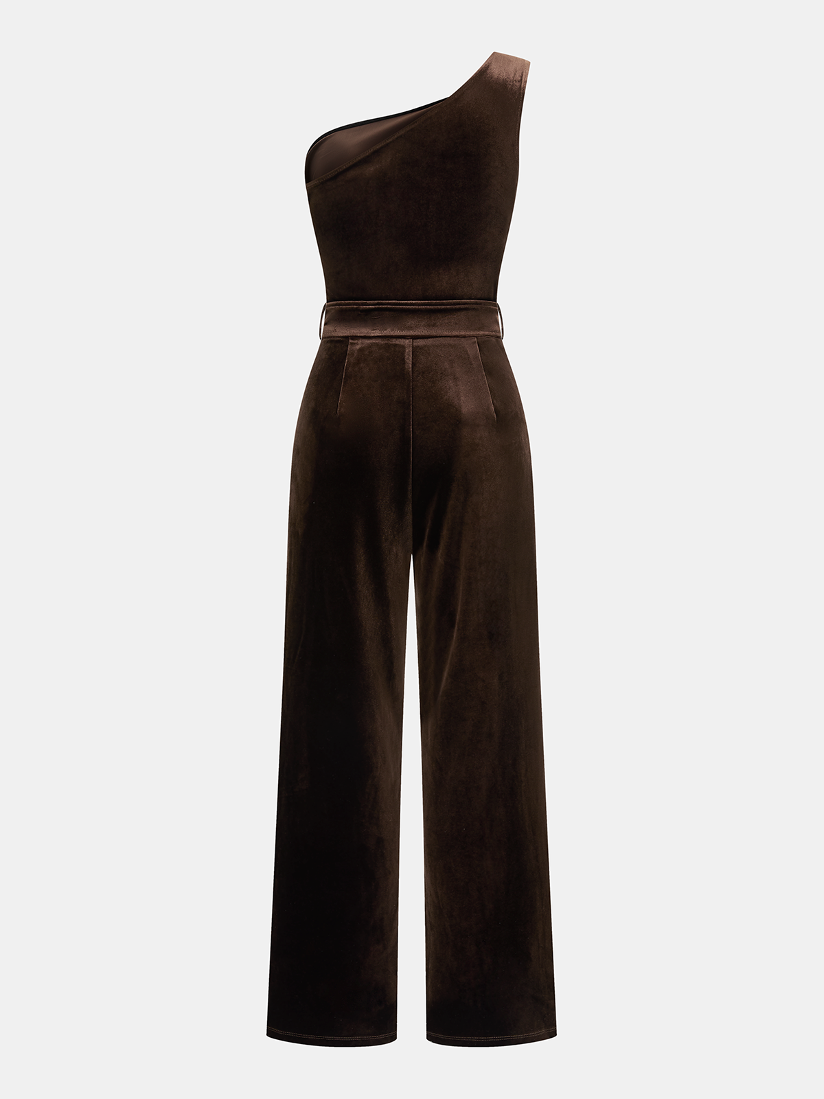 One-Shoulder Belted Velvet Metal Detail Jumpsuit