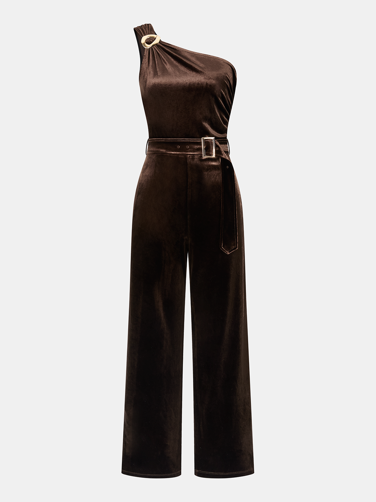 One-Shoulder Belted Velvet Metal Detail Jumpsuit