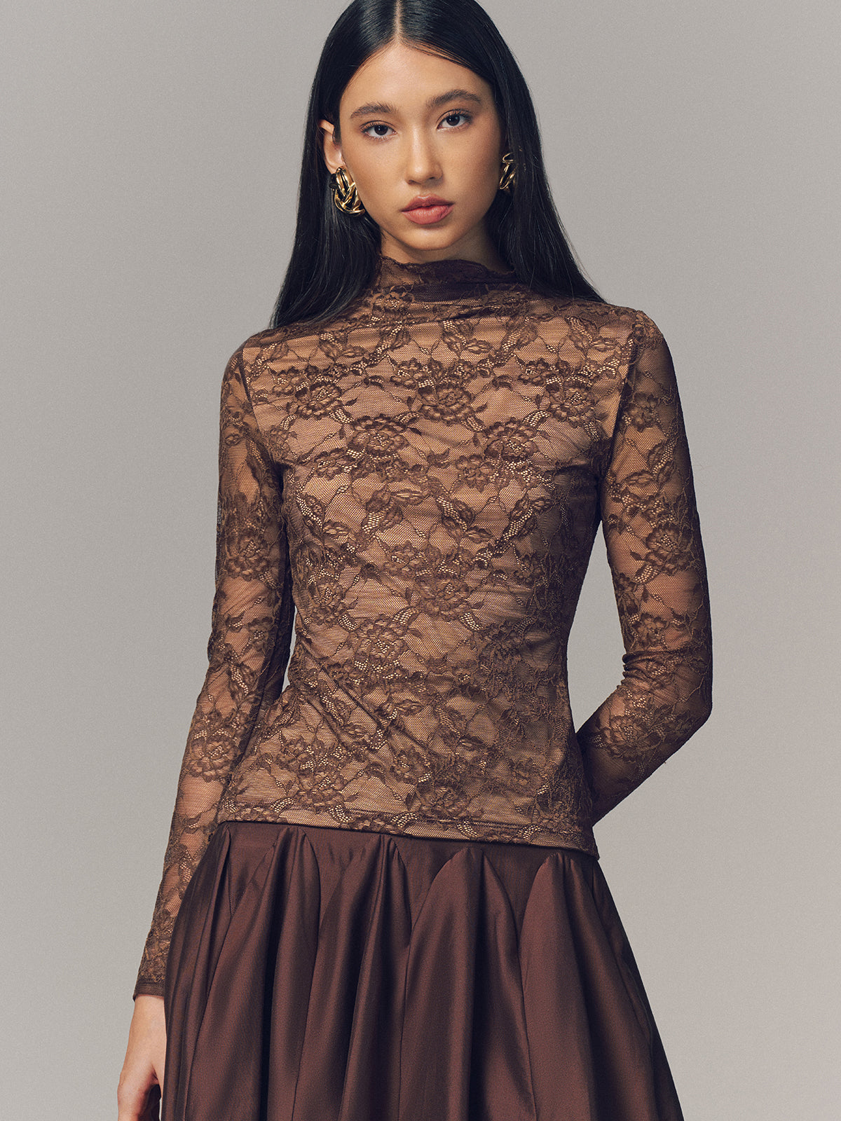 Lace Mock Neck Long-Sleeve Top