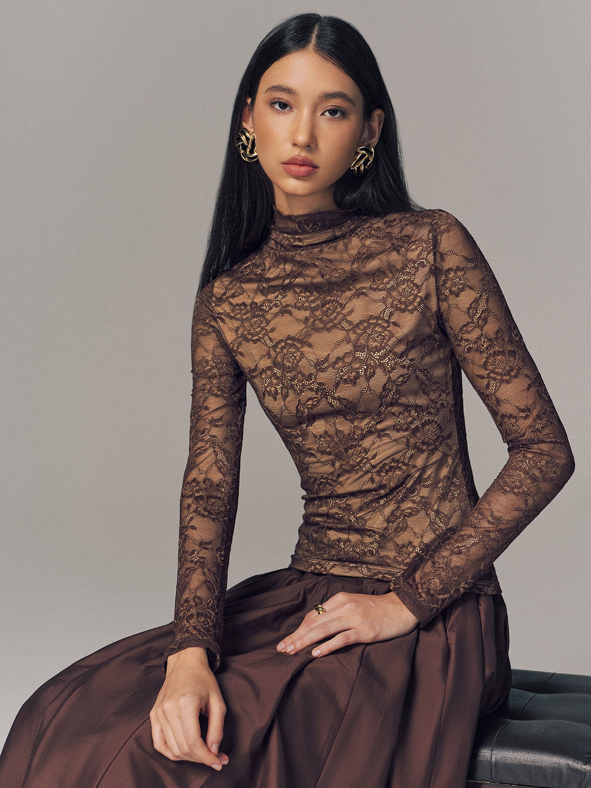 Lace Mock Neck Long-Sleeve Top