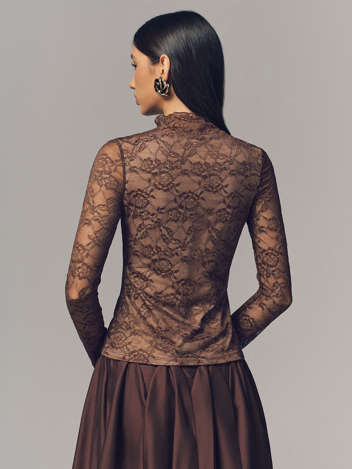 Spitzen-Mock-Neck-Langarm-Oberteil