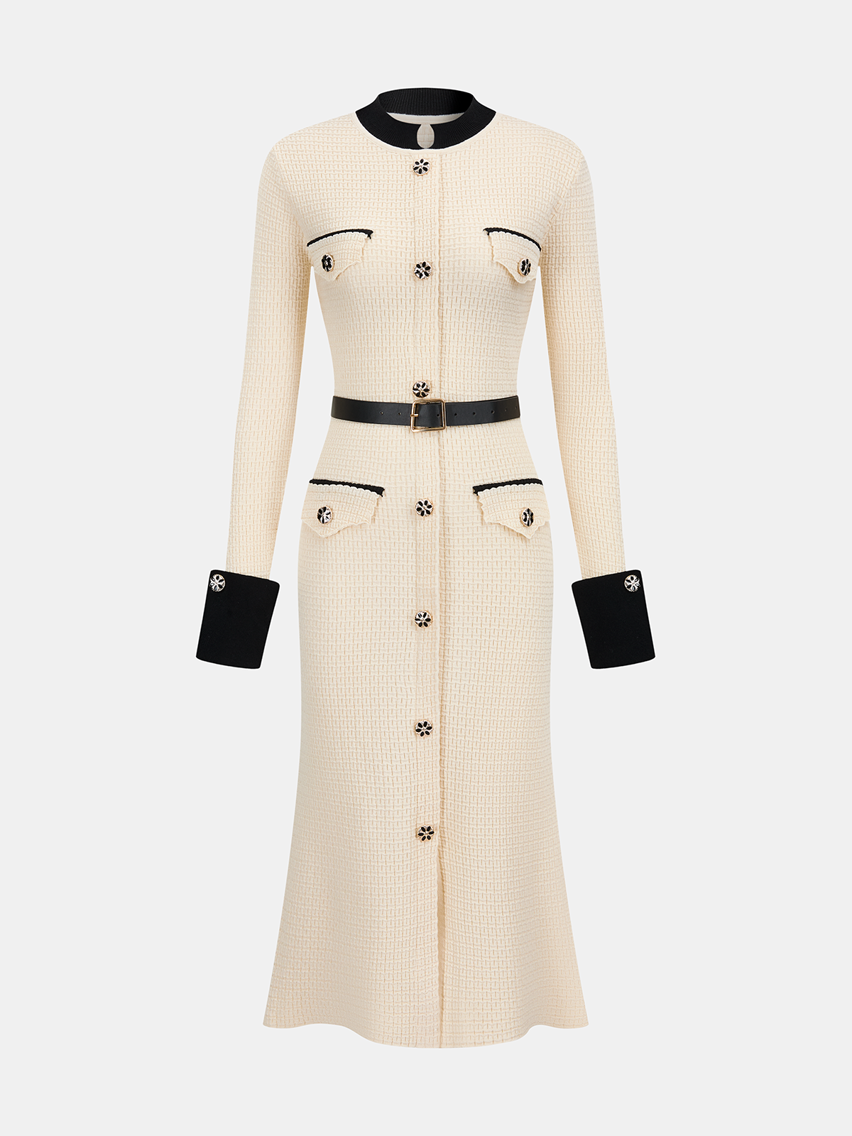 Midi-Kleid mit Kontrastbesatz, Knopfleiste und Gürtel