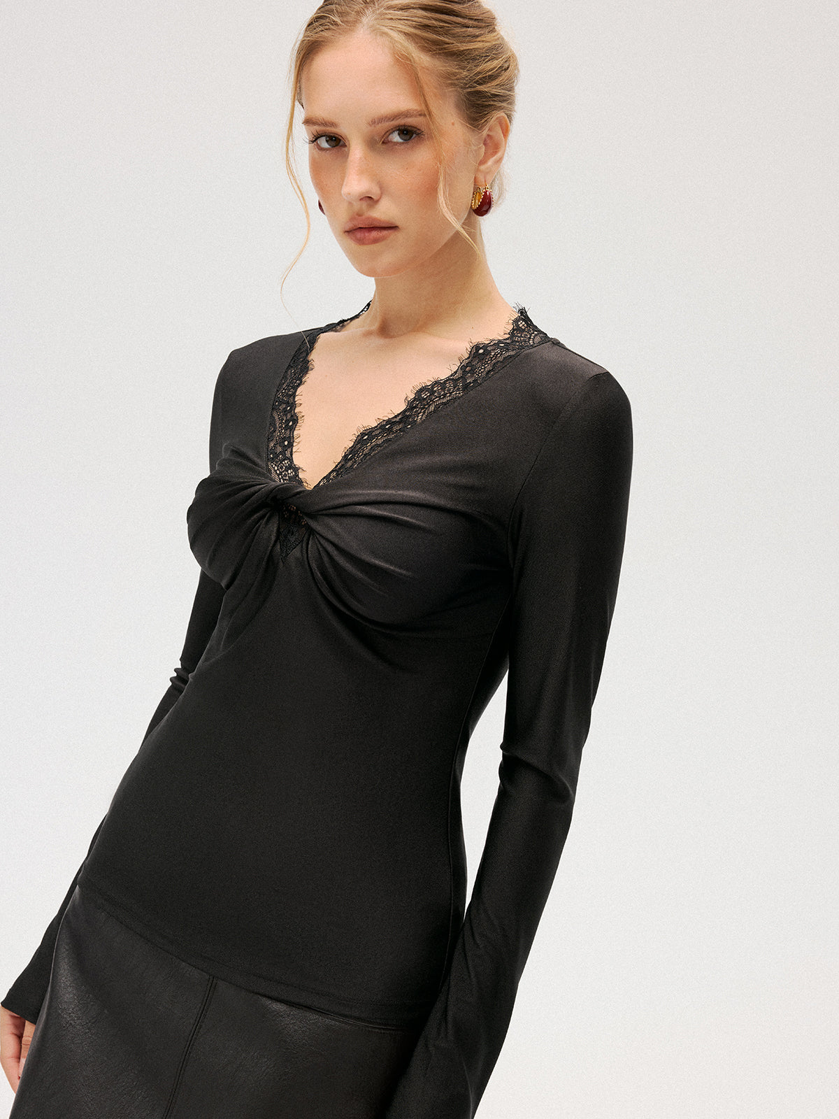 Lace-Trim V-Neck Knot-Front Top