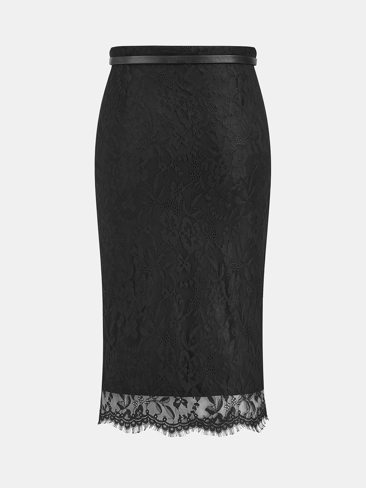 Lace Textured Belted Straight Midi Skirt
