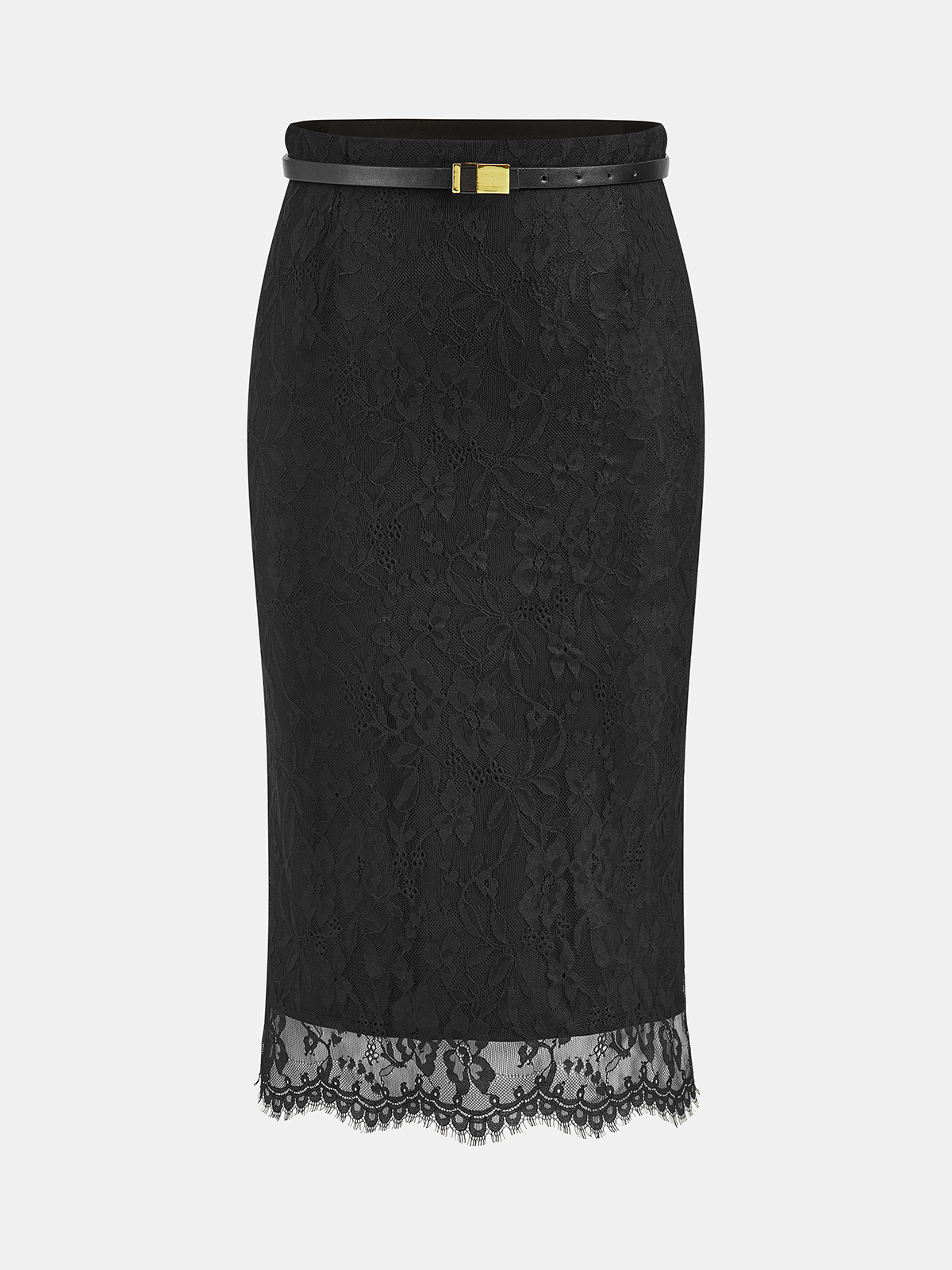 Lace Textured Belted Straight Midi Skirt
