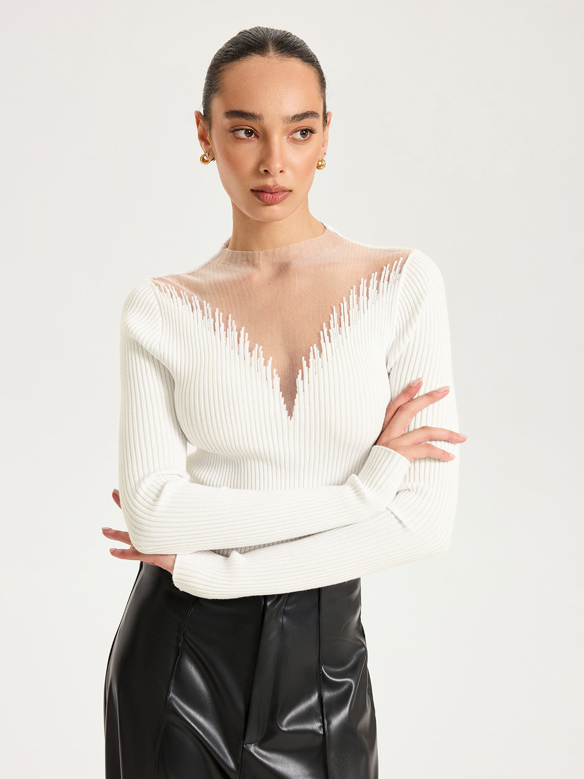Sheer Mesh Panel Ribbed Knit Top